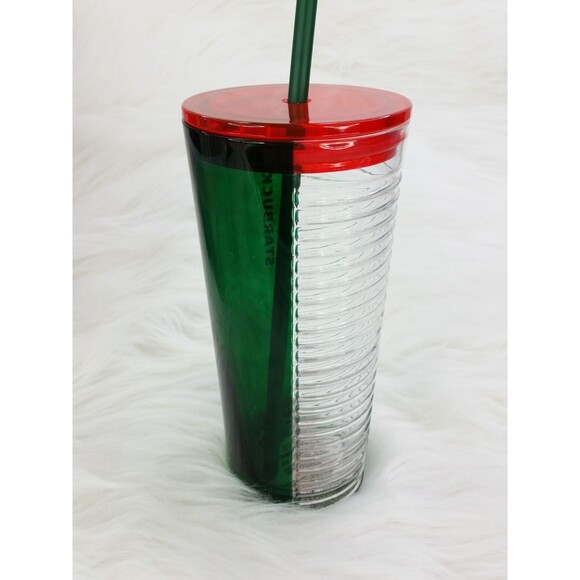 Starbucks Holiday 2021 Clear Ribbed & Green Red Glass 18 oz Tumbler Cup - Picture 3 of 11